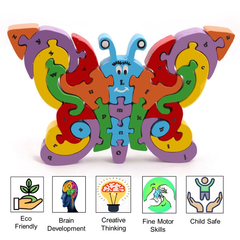 Wooden Montessori Butterfly Puzzle A to Z & Educational & Learning, PreSchool Playset- (Upper and Small case) - Double Sided (26 Pieces)